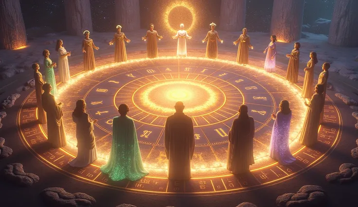 Perspective: A grand, circular view from a low angle, showcasing a celestial arena where the 12 zodiac symbols come alive, each glowing with cosmic energy.

Subject: The zodiac symbols depicted as mythical creatures or legendary figures, each standing in a...