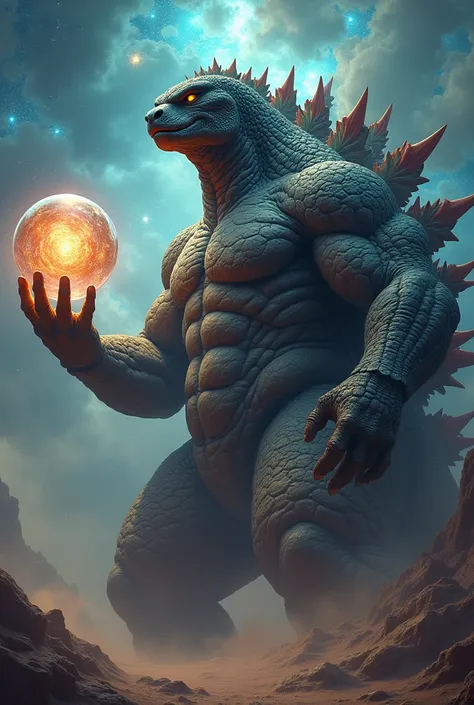 Ultra Muscle godzilla nonster holding bubble universe in his hand 