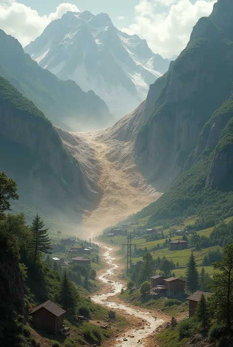 A scenery of a mountain landsliding and mud flow showing its effects on houses farms and infrastructure 