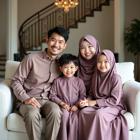  Professional photography skills 7 people consisting of father  , young mother aged 35 and two girls aged s , Girl  fat body and girl 5 with  boy . they are 7 have a natural body all . beautiful Indonesian hijab , wears a luxurious mauve muslim longdress d...