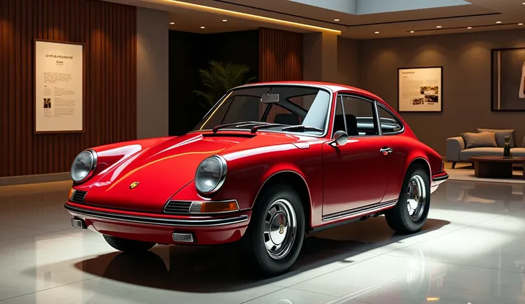 A detailed image of a 1977 Porsche 912 reimagined as an SUV, displayed in a luxurious showroom setting. The vehicle features a striking red color with a glossy finish, modernized yet retaining the classic design cues of the original 912, such as round head...