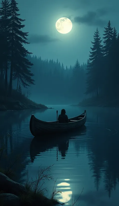 A wooden canoe on still, glassy water reflecting the full moon. Alex, holding an oar, looks nervously around. The surrounding forest is dark and ominous.