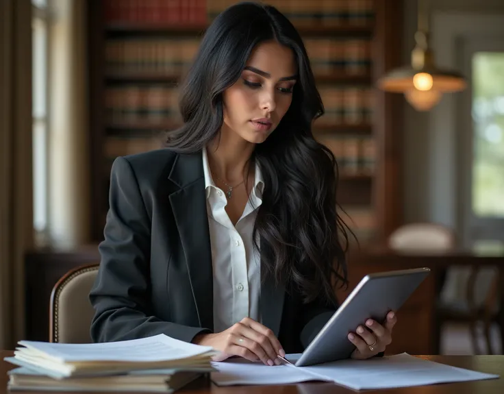  best quality , Image from afar and standing ,  a beautiful woman ,  long black hair ,  dark brown eyes,  round face,  long and striking lashes ,  lawyer reviewing a contract on a tablet, with documents surrounding .  Sophisticated environment with soft na...