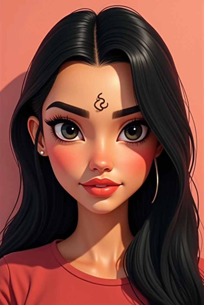 Pixar image, woman, 28 years old, black, oval face, Brazilian straight long black hair, 1,56 cm , big black eyes,  eyebrow drawn , plump lips,  sign on the forehead on the right side