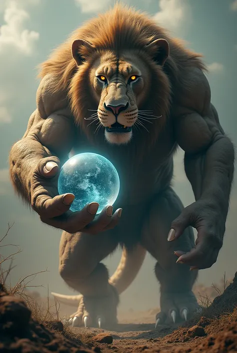 Ultra Muscle lion monster (bulging muscle) holding little bubble universe , sharp claw, wild, golden sharp eye 