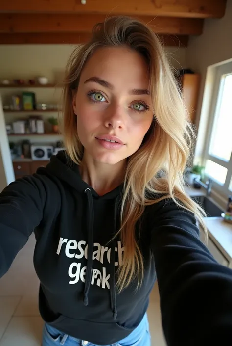 Beautiful blonde with very long hair wearing a black hoodie with RESEARCH GEEK written across it and blue jeans no makeup 23 years old with green eyes taking a selfie in kitchen sitting on counter from selfie point of view 