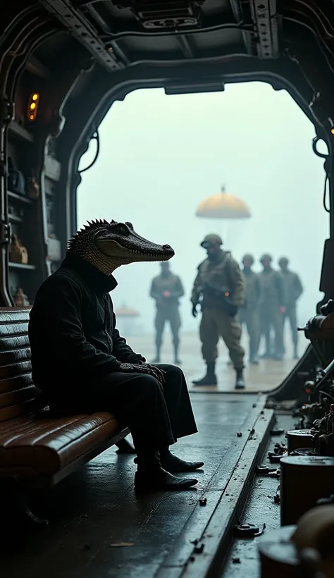 cinematography view from inside the fighter plane cabin, close up from the side, the figure of a dashing Ninja Crocodile wearing Ninja clothing, sitting on a paratrooper bench preparing to parachute, several crew members waiting at the plane door, view fro...