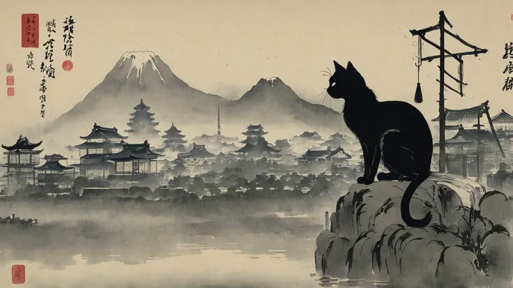 The black cat was wearing a washcloth with a shamisen、Full Moon Behind　Japanese style　Ink Painting