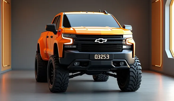 Create straight  front   view  of a modern 2025 chevrolet 6x6 pickup  in mango   color in Lexury Bright showroom background captured from straight front    view in sports look and overall 3d render and reflecting lights on car body and write pickup  on fro...