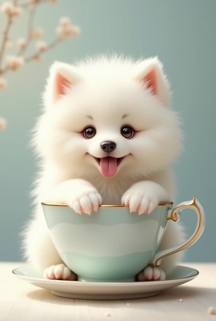 A cute white Samoyed dog is winking in a teacup