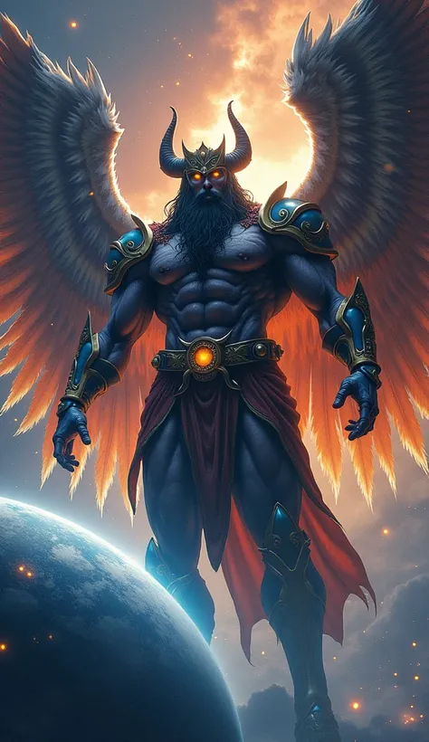 Long Hair, Black Hair, Horns, Masterpiece, High Resolution, High Quality, Super Detailed, long beard, male, humanoid, huge, extremely muscular, wide bara chest, extremely wide shoulders, colorful cosmic armor, wearing armor, celestial, cosmic, god, deity, ...