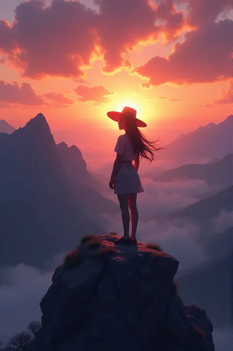 A girl on mountain watching sunset wearing hat 