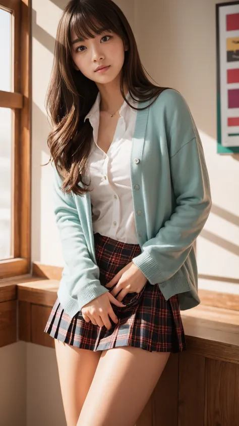 creative girl in school classroom ,(well-proportion:1.3), sexy latino ,(cowboy shot),(focus on your thighs),Im wearing a Japanese uniform with a plaid ultra-short pleated miniskirt,cardigan,blouse,tie,long light brown  hair, asymmetrical bangs ,  beautiful...