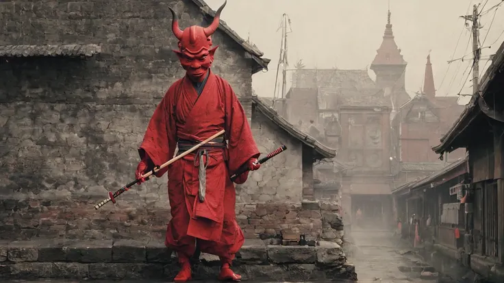 The red devil was wearing a washcloth with a shamisen