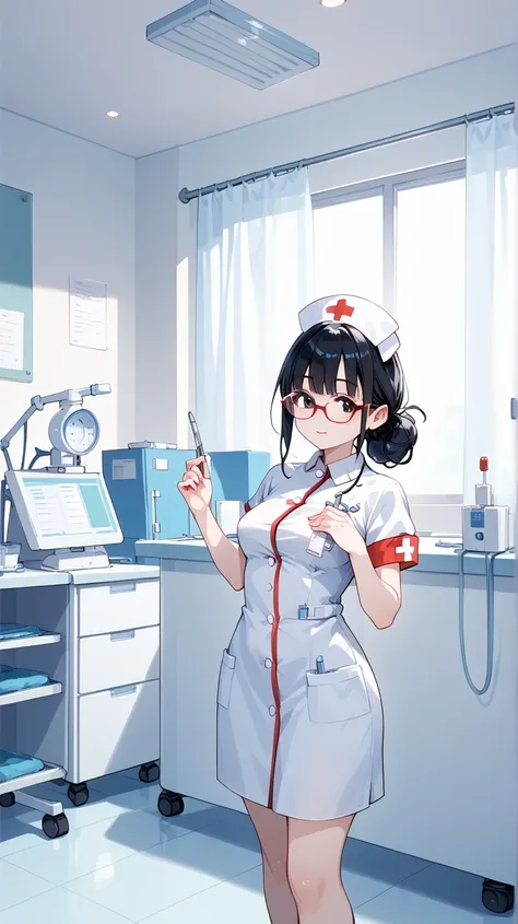 Black hair, glasses, nurse, a little scary