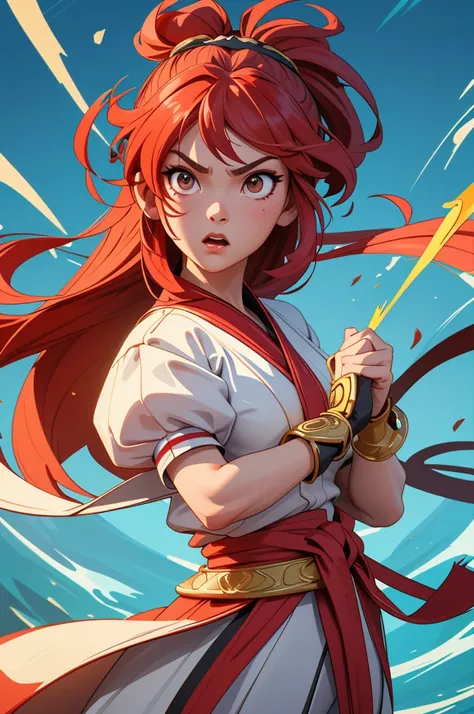 "Depict Ame-no-Uzume, the goddess of revelry and entertainment from Japanese mythology, as a fierce and agile martial artist. Her stance is one of readiness and confidence, poised in a dynamic fighting pose, exuding both grace and power. Her expression is ...