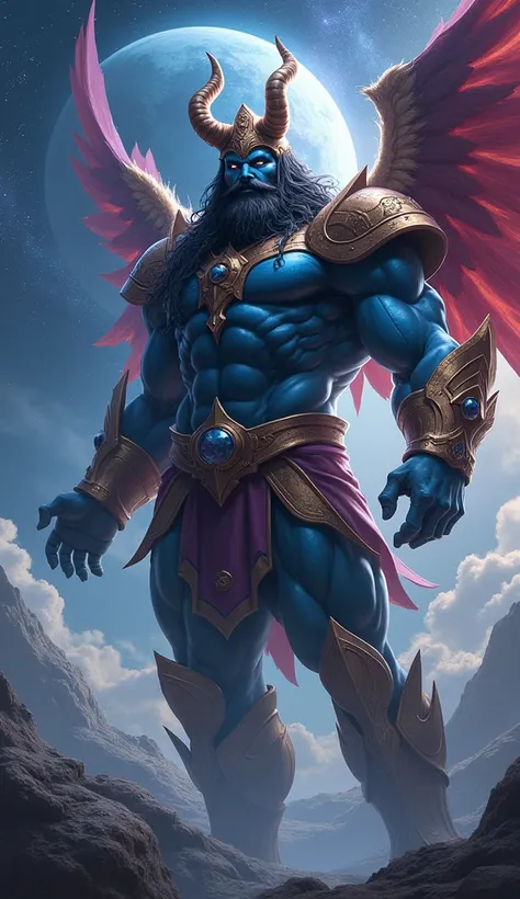 Long Hair, Black Hair, Horns, Masterpiece, High Resolution, High Quality, Super Detailed, long beard, dark blue skin, male, humanoid, huge, extremely muscular, wide chest, wide shoulders, Bara muscles. Massive biceps, colorful cosmic armor, wearing armor, ...