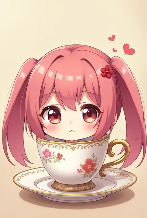 A Japanese actress who is a beautiful woman with long pink twin tails and winks in a teacup(Chibi character 1.3)