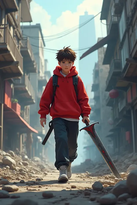 A 17-year-old Asian man with short brown hair ,  white skin and dark eyes walks through a ruined city wearing a red hoodie and carrying a long, big sword.
The picture is like an animation