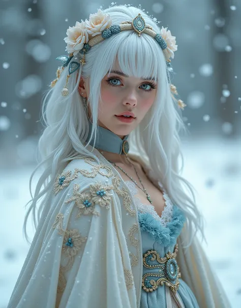 Photorealistic, high resolution, 1 Women, Solo, (Lolita costume)，Gorgeous costumes，Face the audience，The upper part of the body，upper legs， beautidful eyes, White hair, ringed eyes, (outside，Heavy snowfall，Cloak，Cover with snow)，snowfield