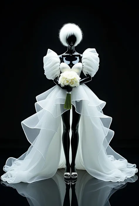  On the black glass floor and black background .  In the black mannequin a beautiful white wedding dress made with glowing liquid glitter .  A shower of resplendent liquid white eyeshadow .  Tomara that fits with a round and short skirt with volume .  Long...