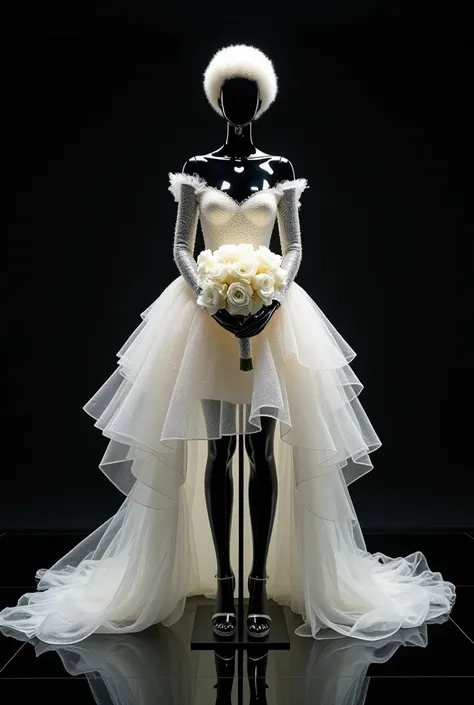  On the black glass floor and black background .  In the black mannequin a beautiful white wedding dress made with glowing liquid glitter .  A shower of resplendent liquid white eyeshadow .  Tomara that fits with a round and short skirt with volume .  Long...