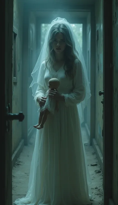 Create a ghost image of a . She is wearing a white dress. She is in the dark hallway of an old school at night. She is half transparent and is holding a doll in her hand.