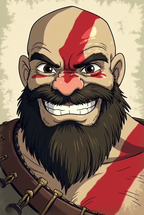 Ghibli-style Kratos icon with old colors and noise effect on the image Kratos must be very faithful Kratos must have a smile 