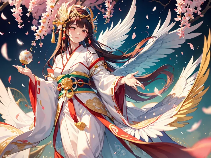 Emperor Amaterasu , masterpiece,  top quality,  Photorealistic ,  Angelic ,  Spread That Money ,  Spread Transparent Feathers ,  wearing a traditional shrine maiden costume seen at Japanese shrines.,  wearing a crown imitating the sun ,  holding a phoenix ...