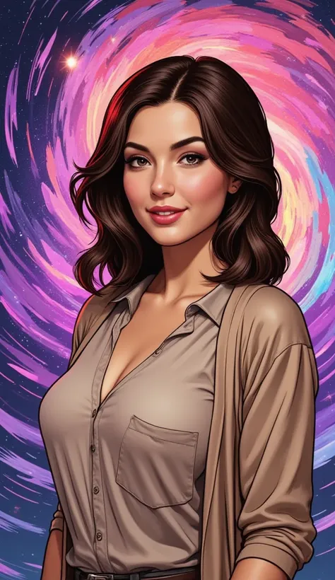 "An adult American woman in a comic book style, with realistic and elegant features. She is dressed in discreet, casual attire, such as a neutral-colored blouse and simple cardigan, appropriate for an understated yet refined look. Her hair is naturally sty...