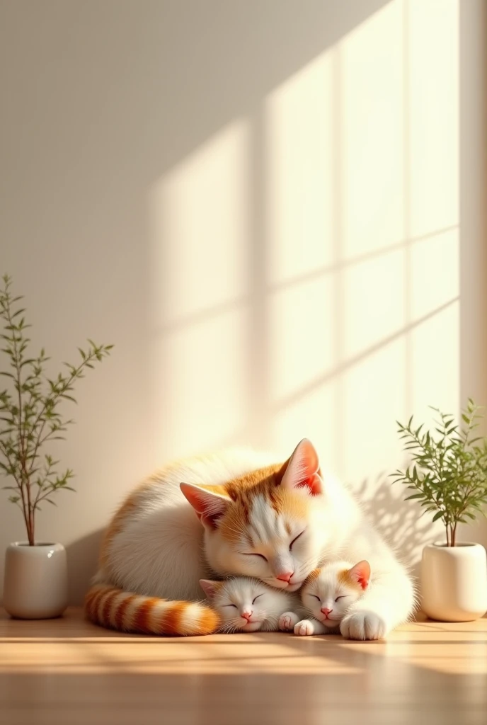 ((masterpiece, highest quality, Highest image quality, High resolution, photorealistic, Raw photo, Extremely detailed CG unified 8k wallpaper)),  white orange mom cat sleeping with her 1 kitten under long chair , background wall and glass , 2 vase with sma...