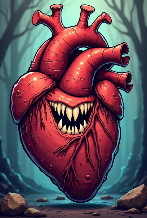 Make me a cartoon-style rock cover of a human heart with sharp teeth and no eyes