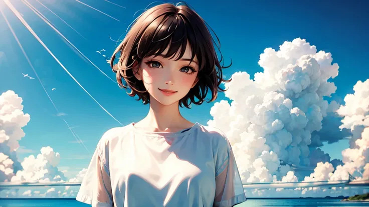  Masterpiece ,  top quality,  high definition , 1girl, girl,solo, short cut hair,  dark eyes, Delicate eyelashes, white shirt,summer,cloud, Fantastic Backgrounds, smiling