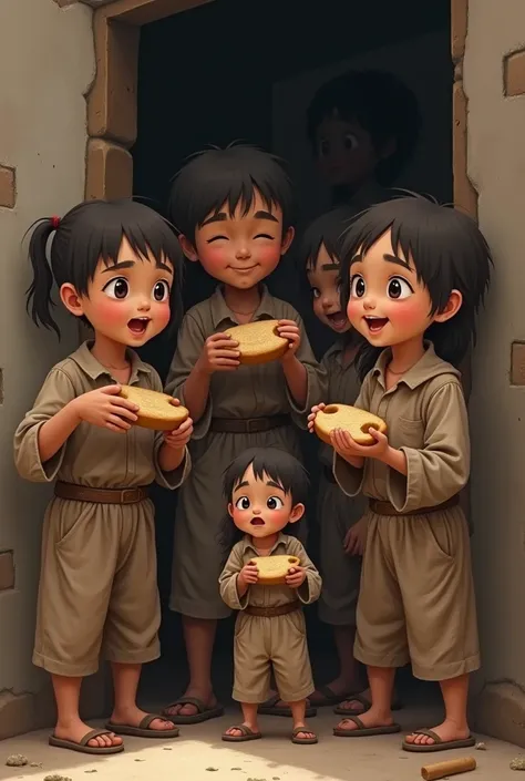 A group of poor ren holding bread, smiling with relief, while one  stands empty-handed, looking sad.