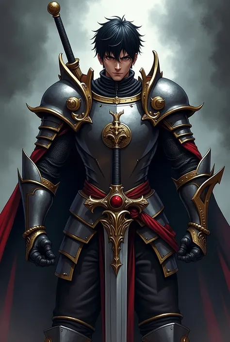 Male Character
Manga/Manhwa design
Short Black Hair
Black Eyes
Wears knight armor 
Carries a long sword 
Scary Aura 
Muscular and Imposing 
Menacing face  