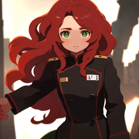 1girl, red hair, long hair, green eyes, black military uniform, german military uniform, highly detailed, photorealistic, hyper detailed, masterpiece, 8k, ultra-detailed, realistic, cinematic lighting, dramatic lighting, high contrast, rich colors, vibrant...