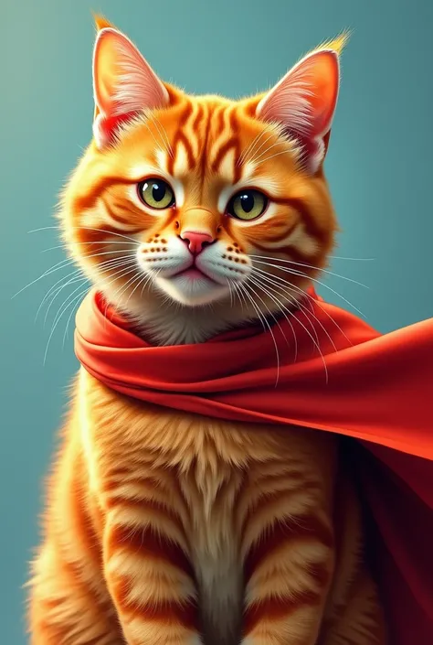 an adult orange cat,  cunning, playful, super hero, superhero cape, oil shiny skin,  portrait