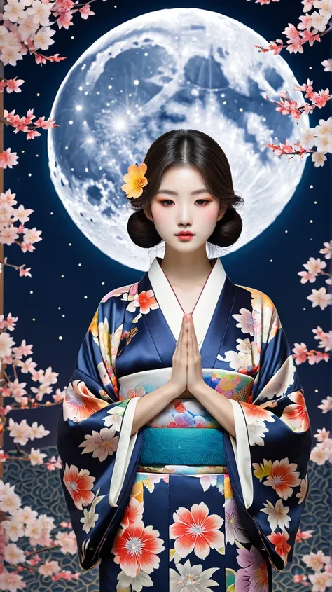  1 girl, Face UP 、Prayer、 floral kimono、 big moon in the background、Symmetrical、Face is front、