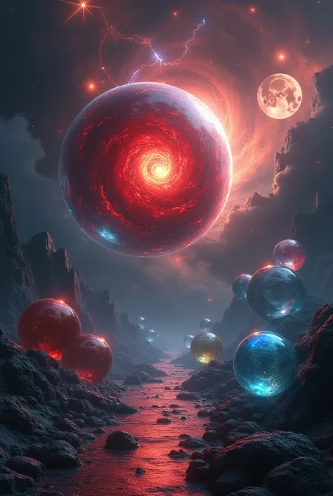 (( top quality)), ((masterpiece)), (  Details), In the darkness of the great universe 、 a planetary or solar flare、 there is a translucent pink glass ball inside a large glass ball、 an even larger crystal sphere 、An even larger rainbow-colored glass ball 、...