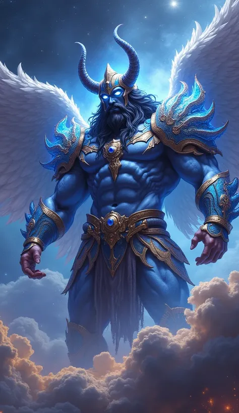 Long Hair, Black Hair, Horns, Masterpiece, High Resolution, High Quality, Super Detailed, long beard, light blue skin, male, humanoid, huge, extremely muscular, wide chest, wide shoulders, Bara muscles. Massive biceps, colorful cosmic armor, multicolored g...