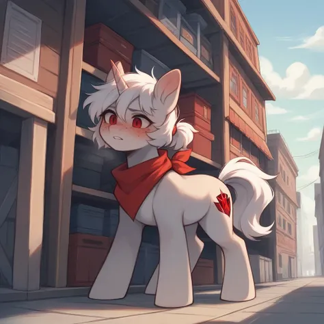 score_9, score_8_up, score_7_up, score_6_up, score_5_up, female, solo, feral pony, unicorn, light gray fur, solid white short scruffy hair, white hair, short white ponytail, ruby red gemstone cutie mark, ruby red eyes, freckles, flushed, blushing, dark red...