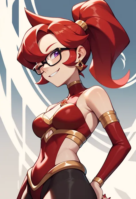 Mars, red nails, smiling, red hair, ponytail hairstyle, purple eyes, gold earings, red genie outfit, gold brasalet, showing , winking one eye, glasses, black tights, shwoing ass, 