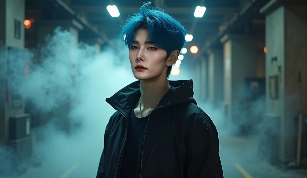 a 24 year old Korean boy, blue hair, square face, sexy , defined nose, defined mouth, black background, (best quality,4k,8k,highres,masterpiece:1.2),ultra-detailed,(realistic,photorealistic,photo- realistic:1.37),HDR,UHD,studio lighting,ultra-fine painting...