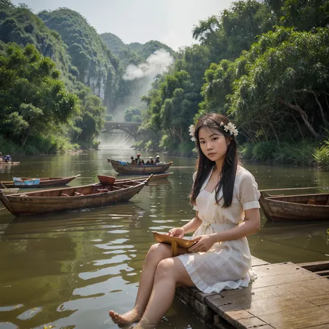 A young Vietnamese woman sitting on the banks of the Red River in the Âu Lạc Kingdom, her bare feet dipping into the water. She wears a delicate outfit of dyed linen, with a garland of jasmine flowers in her hair. In her lap rests a traditional string inst...