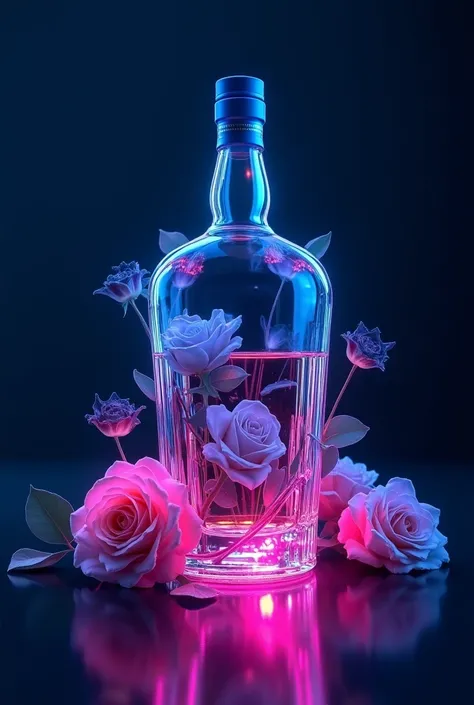 Blue and pink neon whiskey bottle with roses glowing 