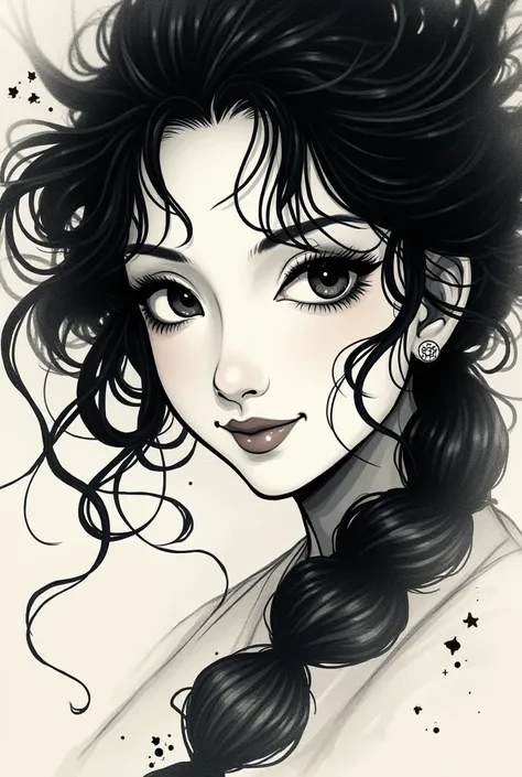 A close-up of a beautiful Japanese woman with hair fully depicted in the style of traditional sumi-e ink painting, using bold brush strokes and intricate ink effects. The composition is striking, with more sumi-e essence added throughout the image. Her del...