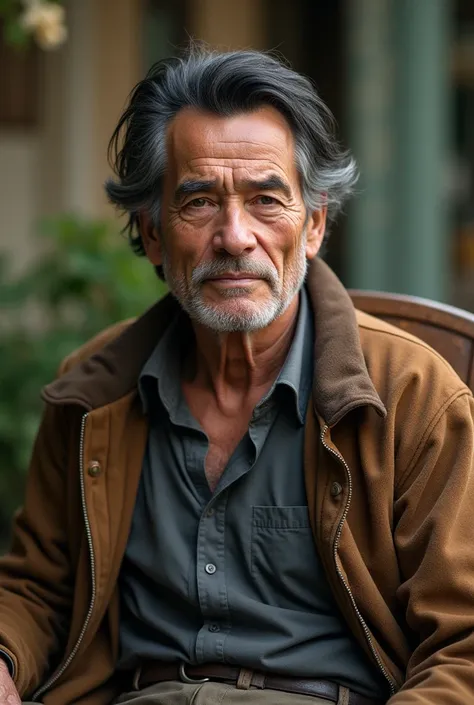 realistic photo of an older man with dark hair in a grey shirt and brown jacket,  a man is sitting on the terrace of a house ,  on a wooden chair 