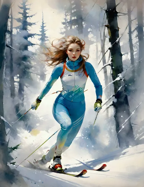 Female model in ski sprint, Horizontal fringe hair, super cute. Skisprint advertisement, high-end fashion illustration, magazine illustration, watercolor illustration style, Womens ski sprint, Dynamic Motion, Motion Blur, Iridescent pastel tones, (tachisme...