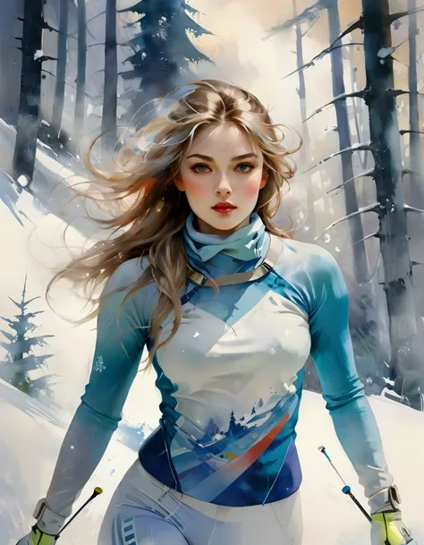 Female model in ski sprint, Horizontal fringe hair, super cute. Skisprint advertisement, high-end fashion illustration, magazine illustration, watercolor illustration style, Womens ski sprint, Dynamic Motion, Motion Blur, Iridescent pastel tones, (tachisme...