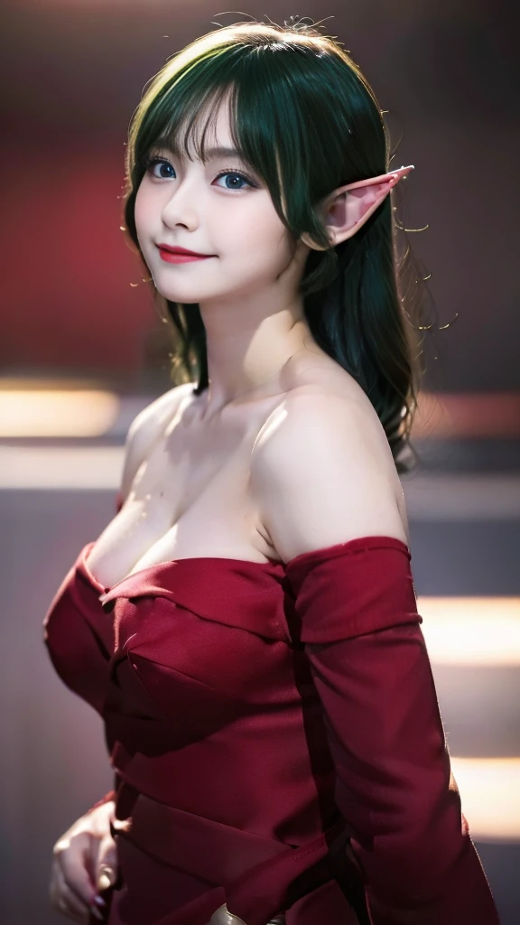  ((masterpiece,best quality,ultra-delicate,Perfect Face,16k,very detailed eyes,high resolution,very beautiful girl,sharpness,raw photo,18 years old)),bright green color hair:2.0,Red strapless bodycon tube dress with huge red bow on the back:2.0,Red long ar...